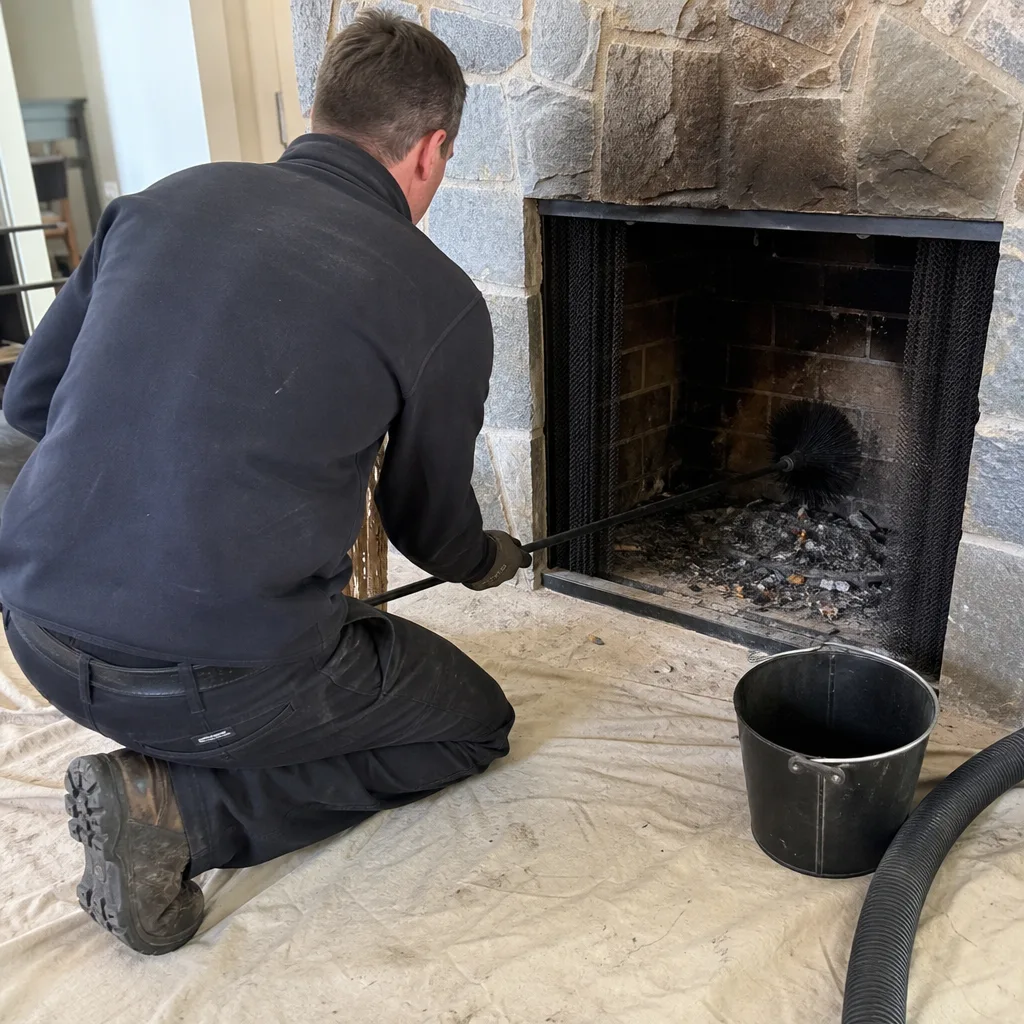 Professional chimney sweep cleaning a stone fireplace with a long-handled brush