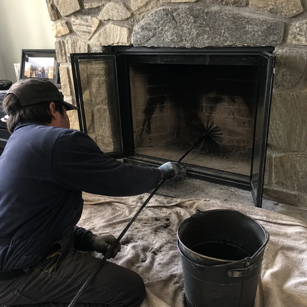 Professional chimney sweep cleaning a stone fireplace with a long brush