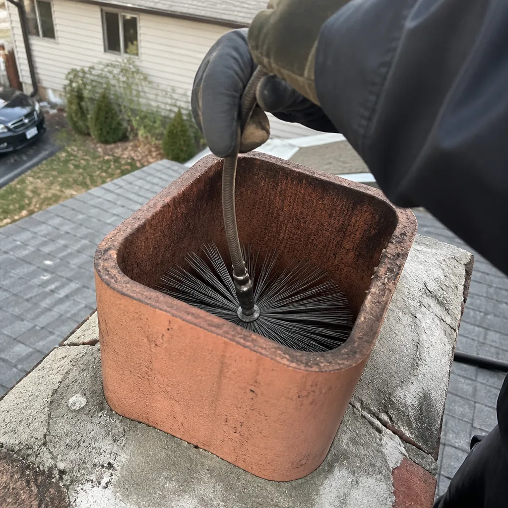 Professional chimney sweep cleaning a brick chimney flue with a wire brush