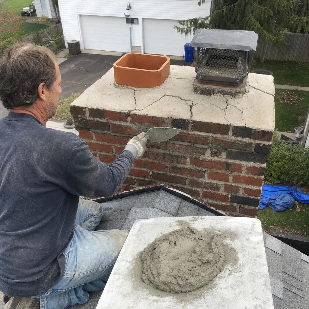 Professional masonry contractor repairing a brick chimney on a residential roof