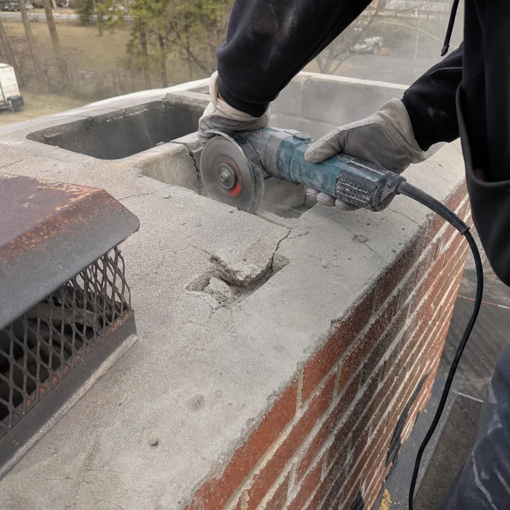 Professional technician using an angle grinder for chimney crown repair