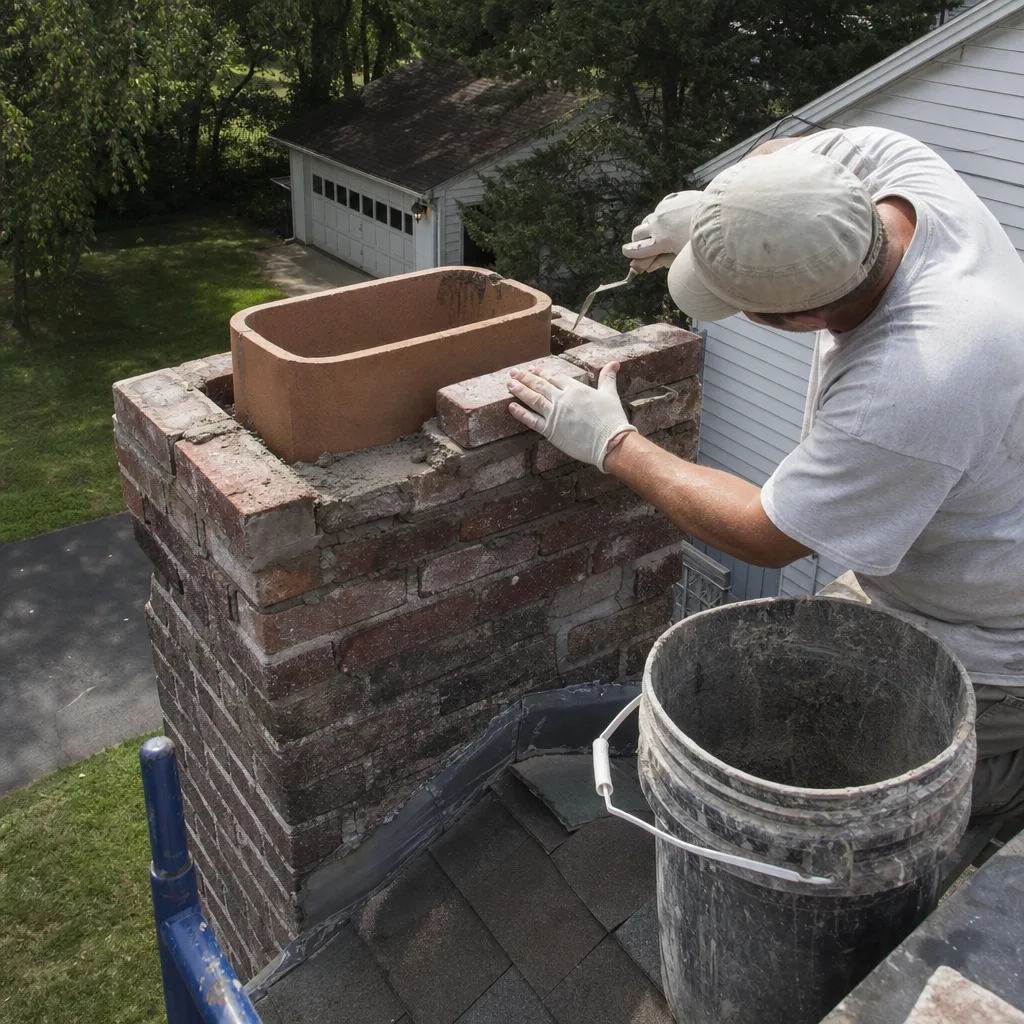 Professional bricklayer performing chimney repair and masonry maintenance on a rooftop