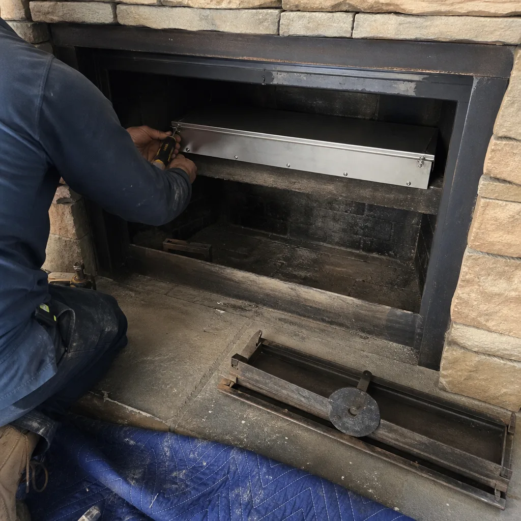 Technician installing a metal fireplace damper cover for chimney repair service
