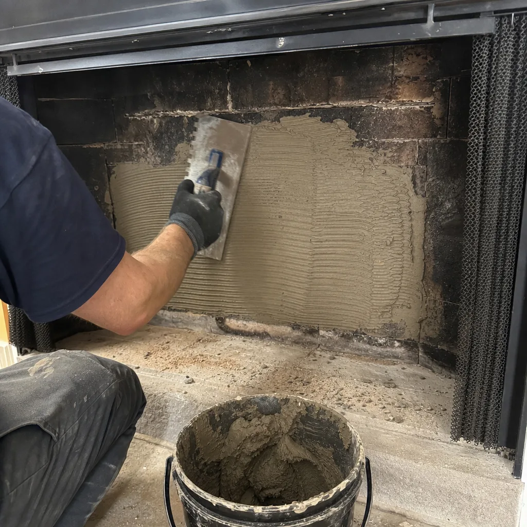 Professional contractor applying mortar to a fireplace backwall