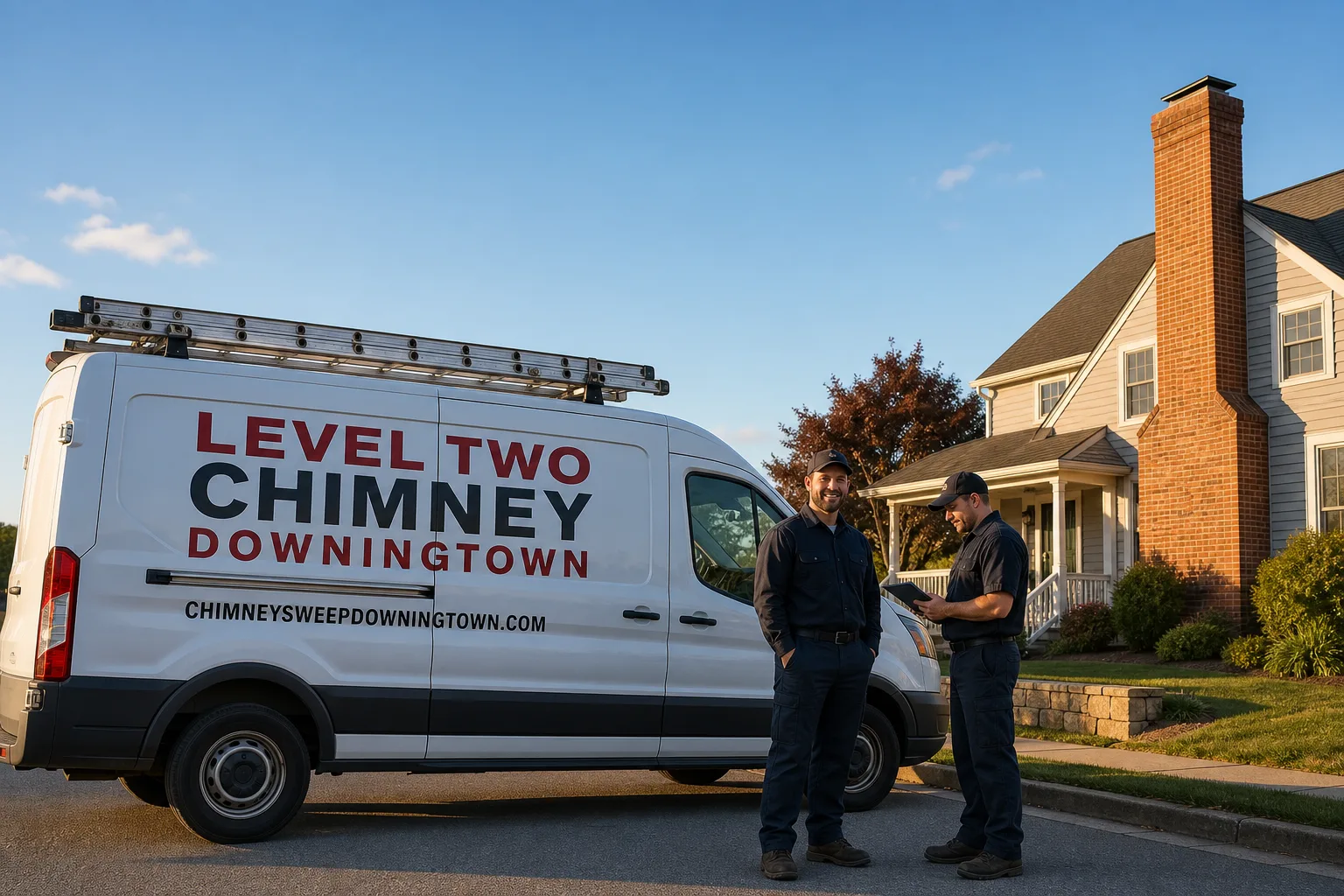 Level Two Chimney Downingtown chimney cleaning service vehicle and crew in Downingtown, PA